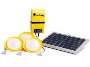 Sun King Home 120 – Solar lighting system with 3 LED lamps (600 lm), durable battery, USB/DC charging, and smart indicators—reliable off-grid lighting