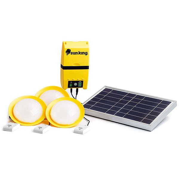 Sun King Home 120 – Solar lighting system with 3 LED lamps (600 lm), durable battery, USB/DC charging, and smart indicators—reliable off-grid lighting